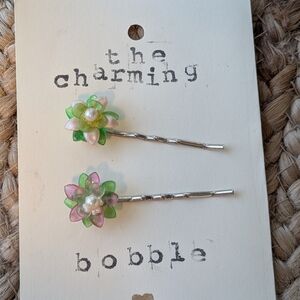 Hand Crafted Floral Hair Pins - Green and Pink